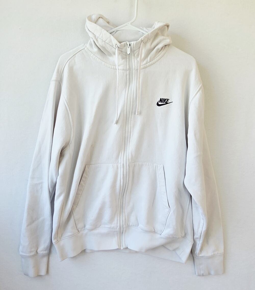 Nike Hoodie Full Zip White Fleece Sweatshirt Embroidered Swoosh Mens M Medium